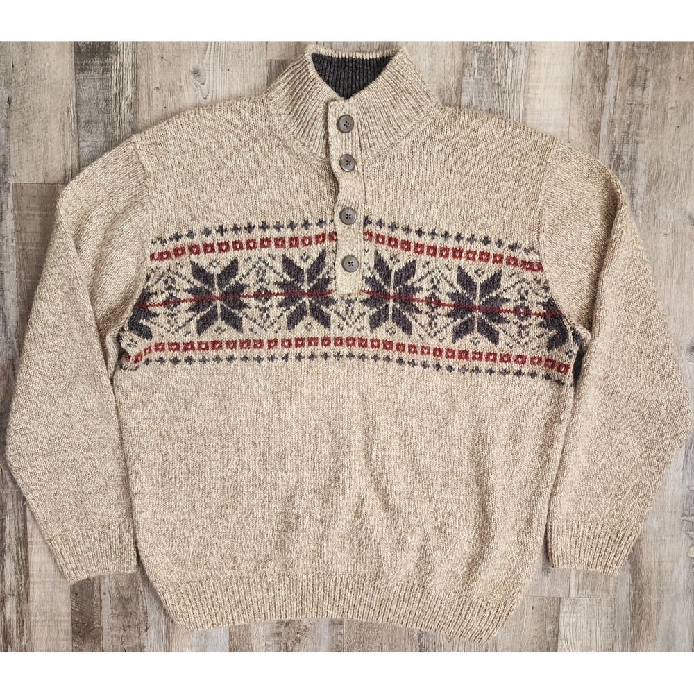 Tricots St Raphael Sweater Mens XL Beige Nordic Snowflake Button Mock Neck Knit